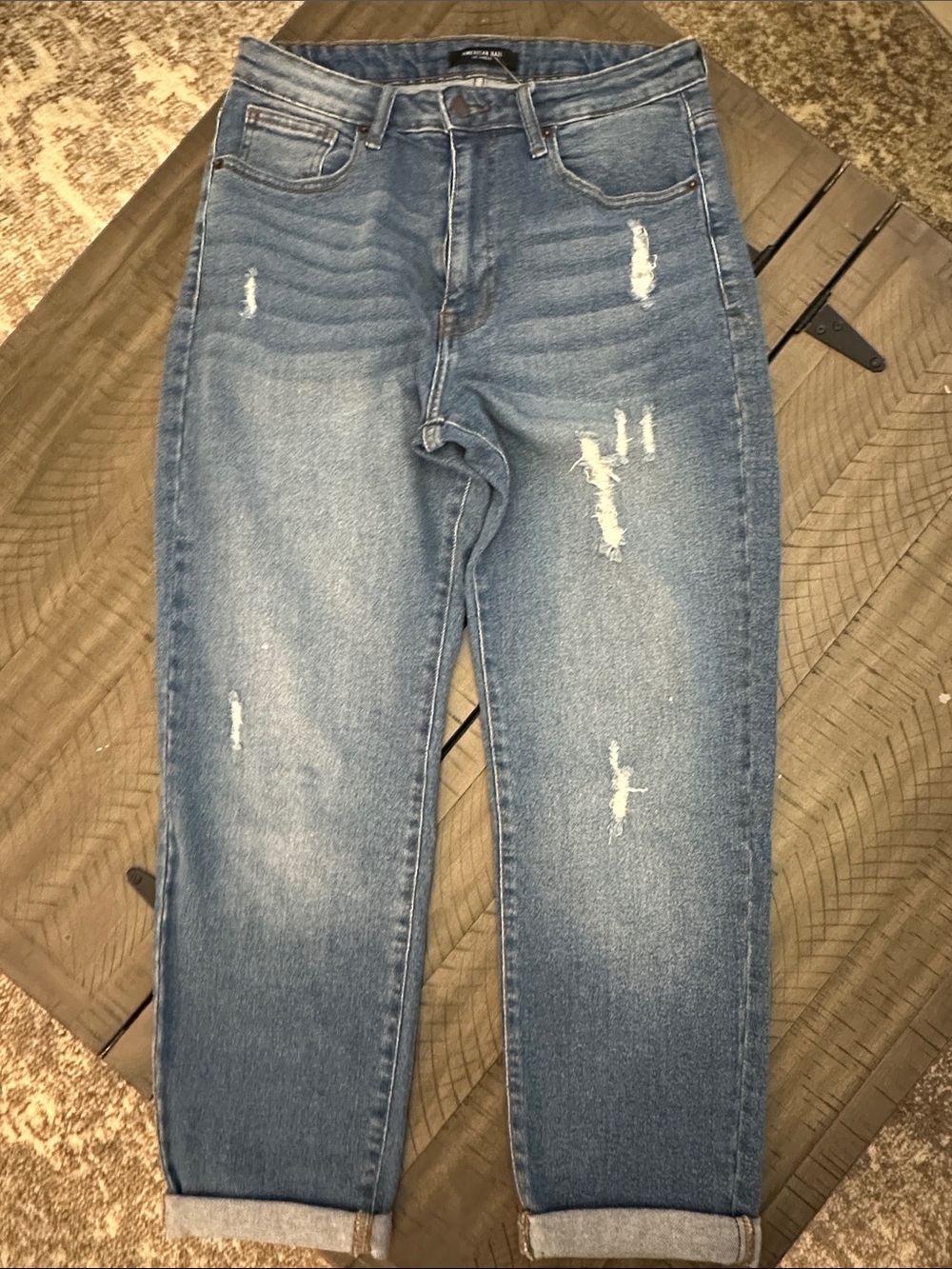 Distressed high rise Cropped Cuffed Jeans Medium Blue